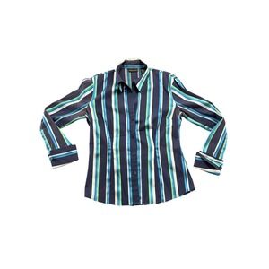New York & Company Striped Button Up Shirt Womens Small S Blue Green Stretch